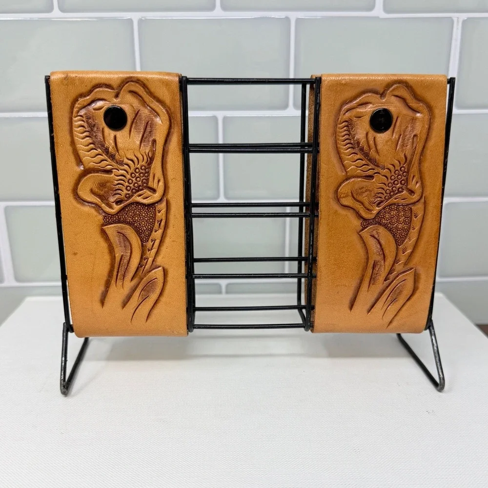 Vintage Western Tooled Leather Napkin & Letter Holder Black Wire Desk Caddy